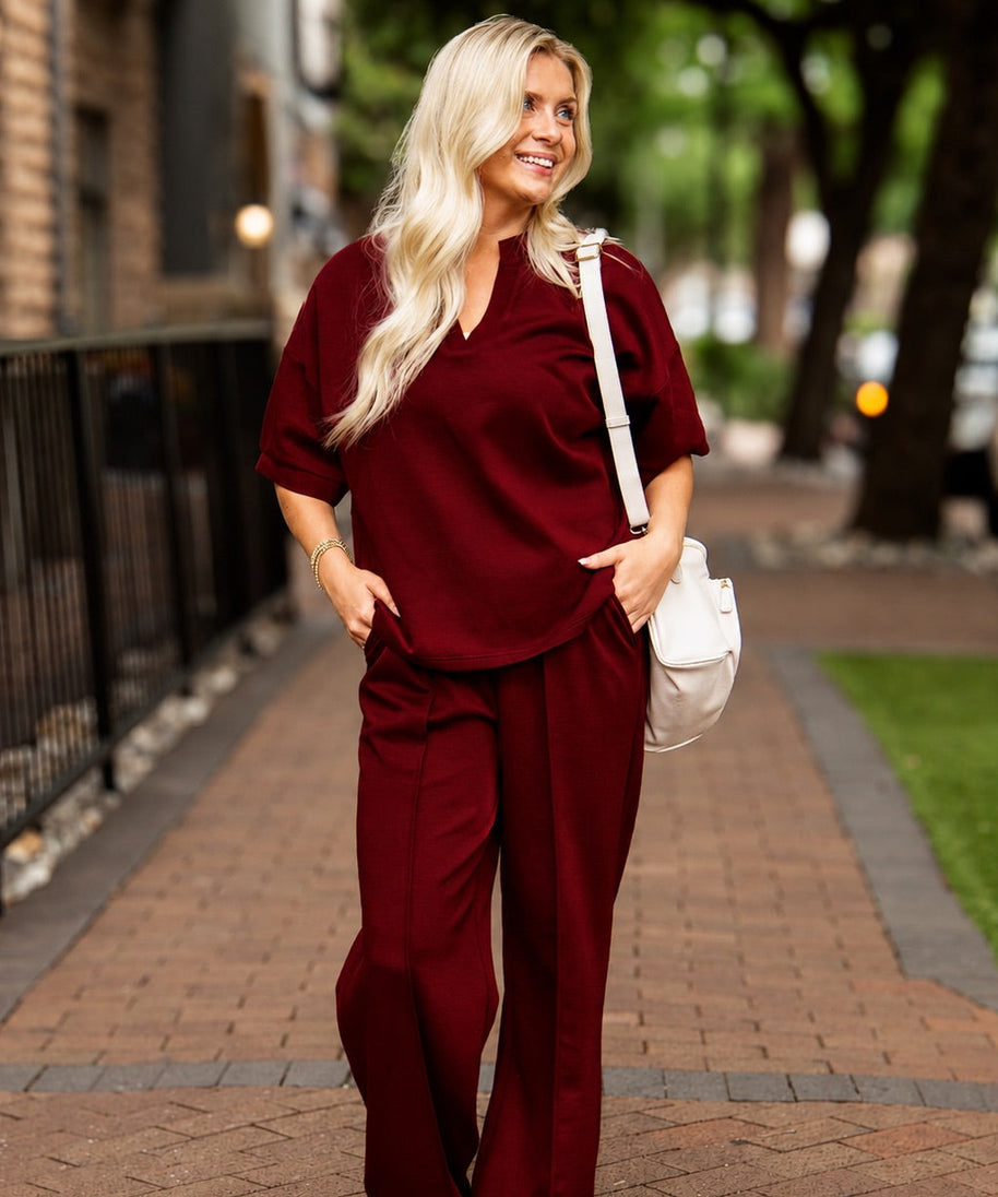 Women's Maroon Butter Soft V-Neck Top | Drawstring Waist | Ribbed Detail | 55% Rayon
