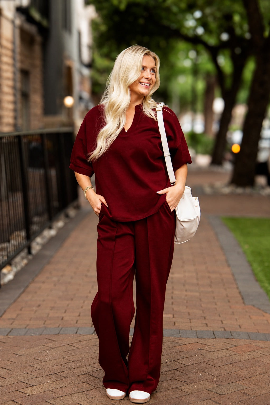 Women's Maroon Butter Soft V-Neck Top | Drawstring Waist | Ribbed Detail | 55% Rayon
