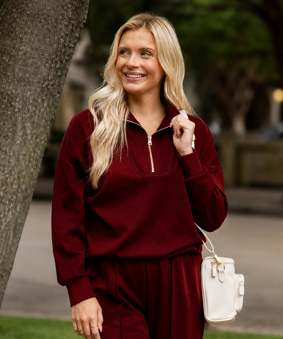 Butter Soft Quarter-Zip Pullover for Women – Oversized, Drop Shoulder, Maroon