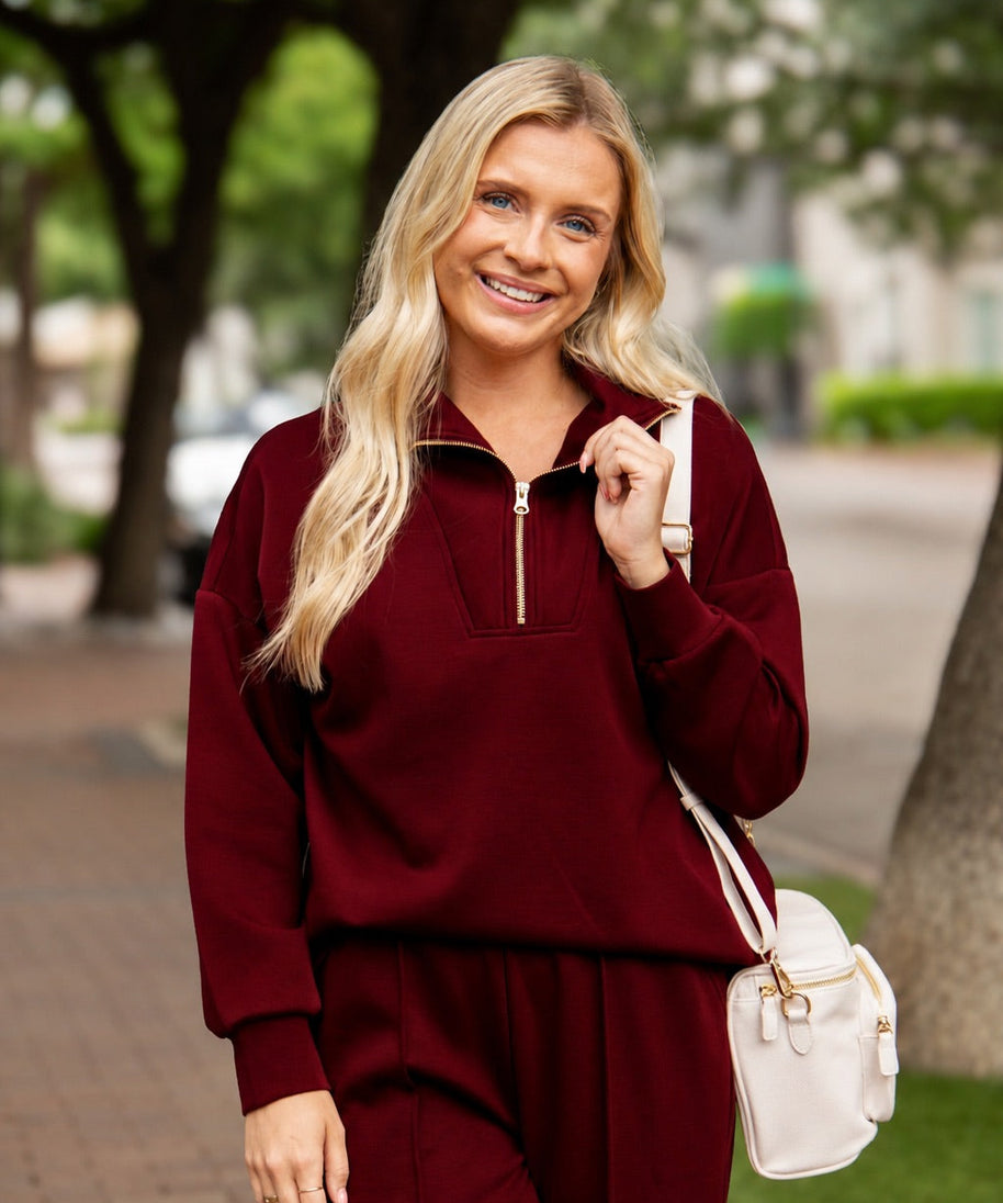 Butter Soft Quarter-Zip Pullover for Women – Oversized, Drop Shoulder, Maroon
