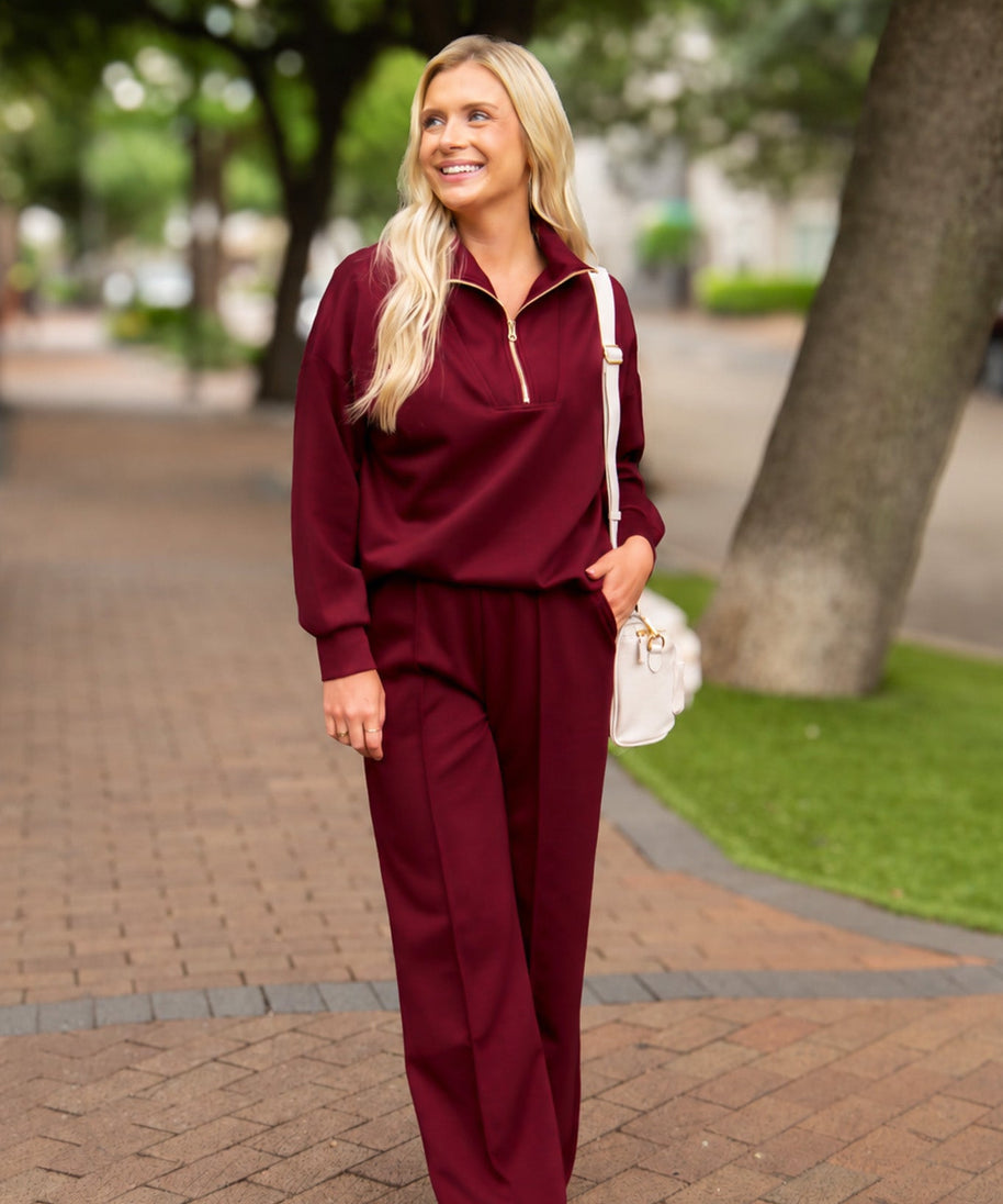 Women's Maroon Butter Soft Wide Leg Pants | Elastic Waist | Pockets | 55% Rayon