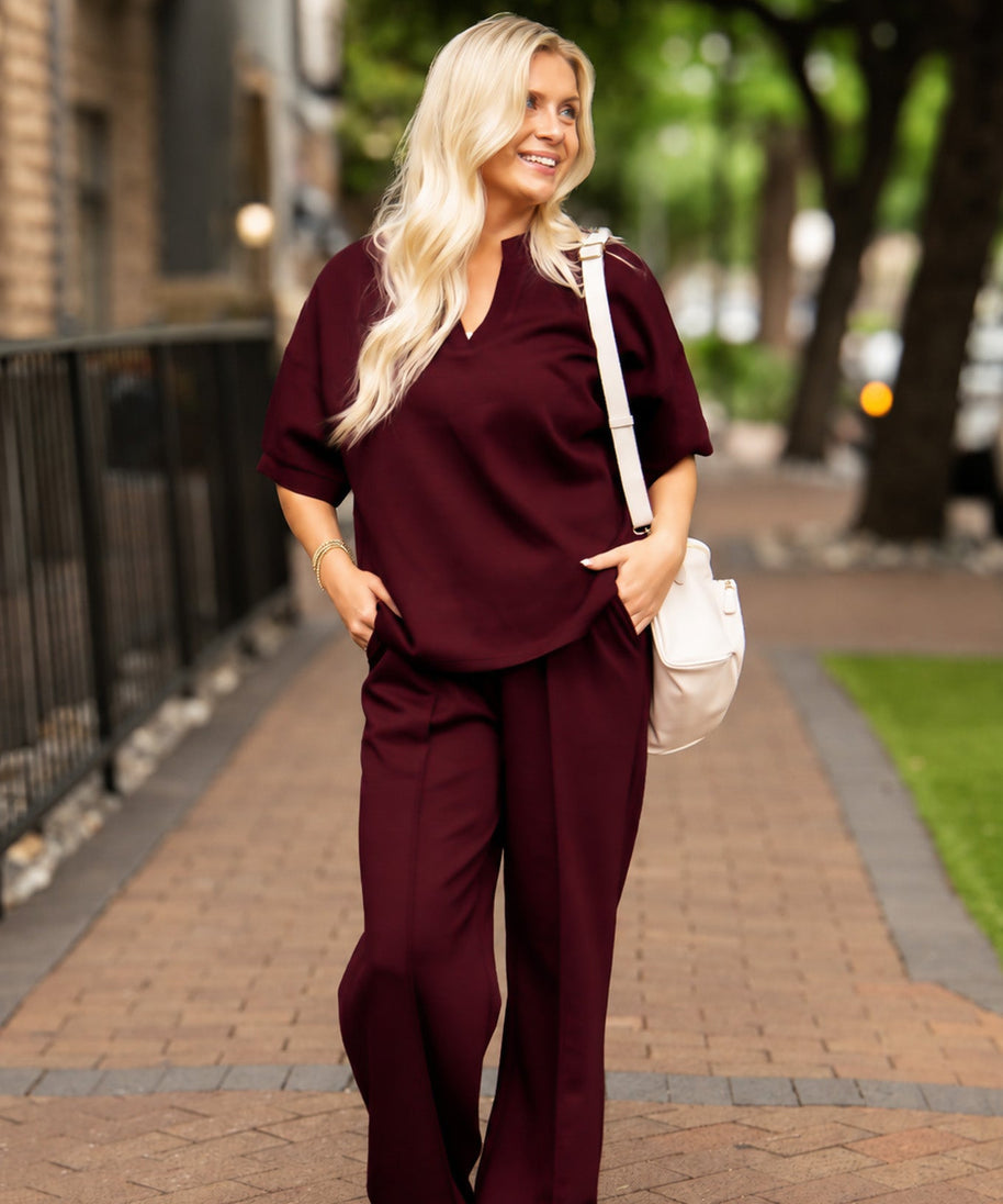 Women's Maroon Butter Soft Wide Leg Pants | Elastic Waist | Pockets | 55% Rayon