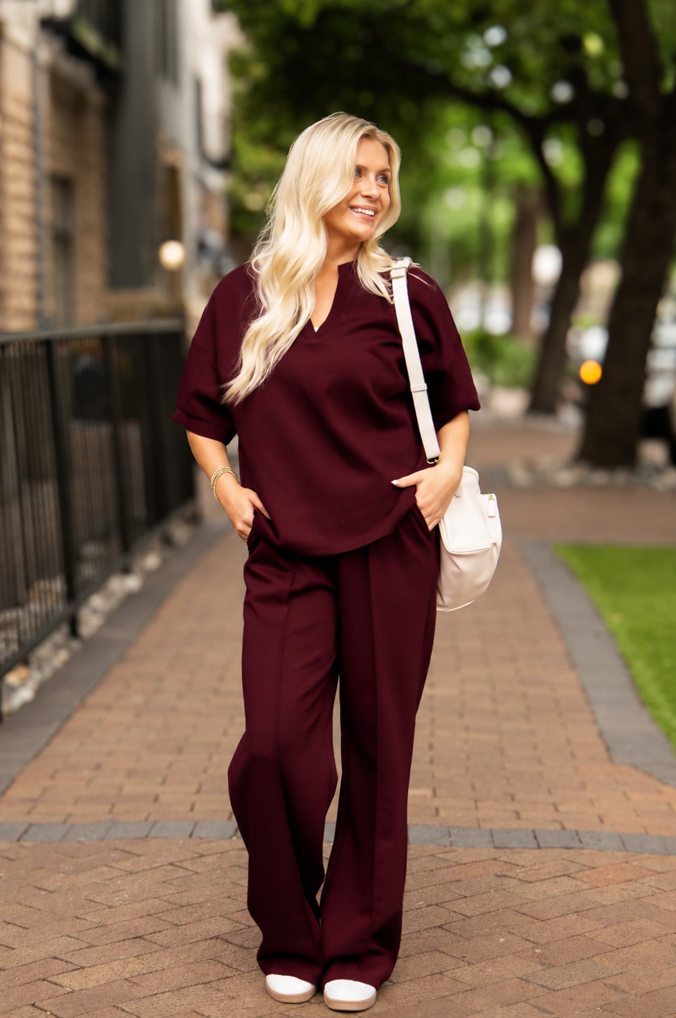 Women's Maroon Butter Soft Wide Leg Pants | Elastic Waist | Pockets | 55% Rayon