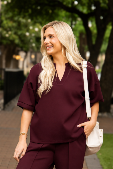 Women's Maroon Butter Soft V-Neck Top | Drawstring Waist | Ribbed Detail | 55% Rayon