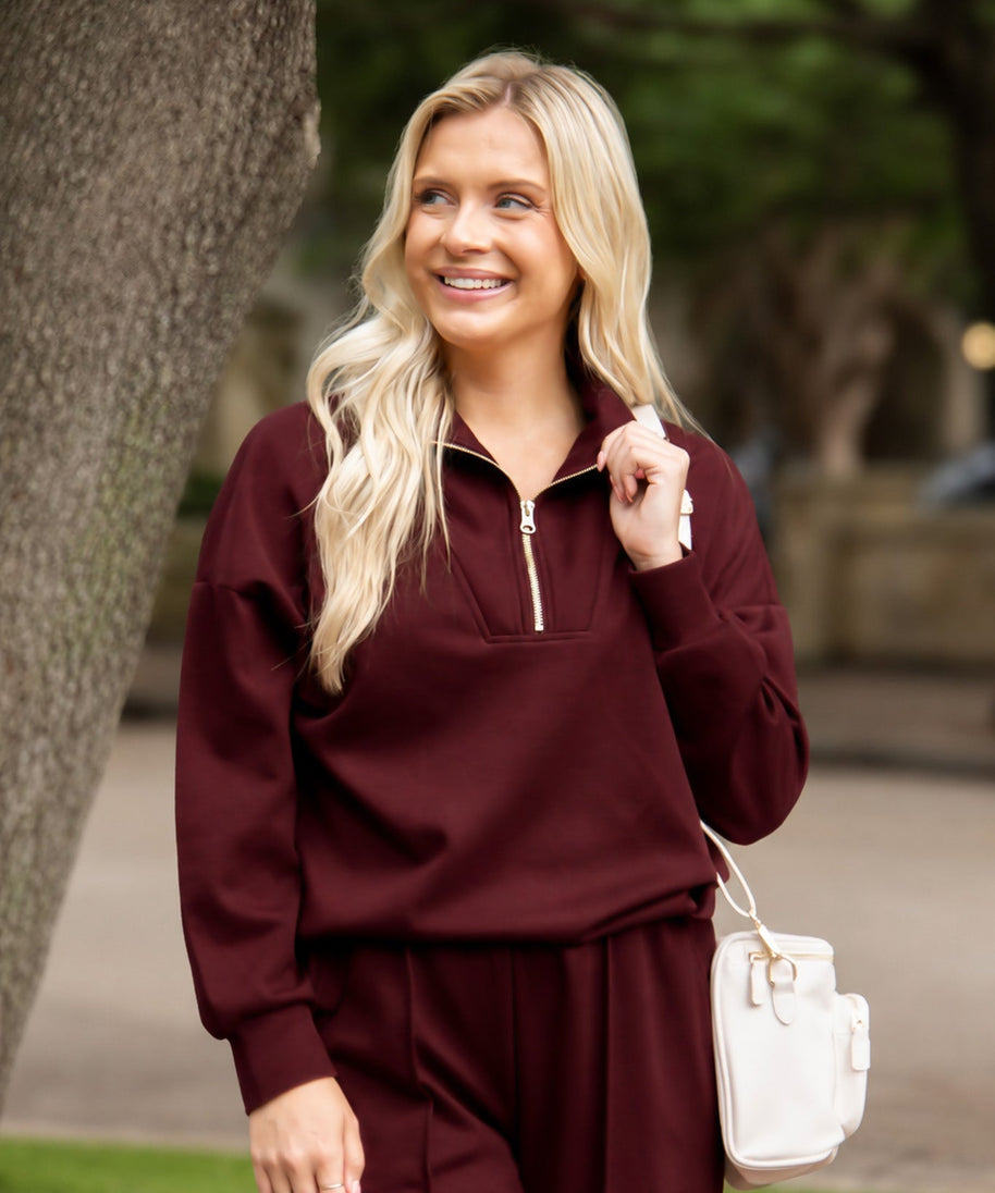 Butter Soft Quarter-Zip Pullover for Women – Oversized, Drop Shoulder, Maroon