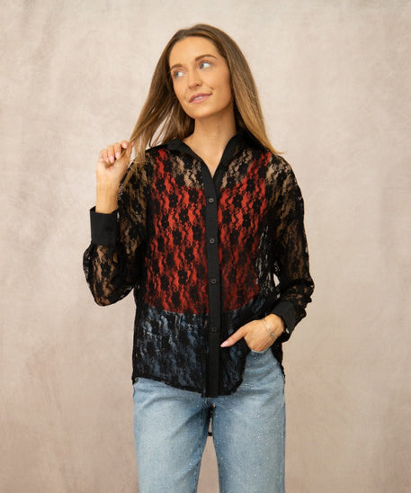Kathryn Classic Button-Up, Black Lace