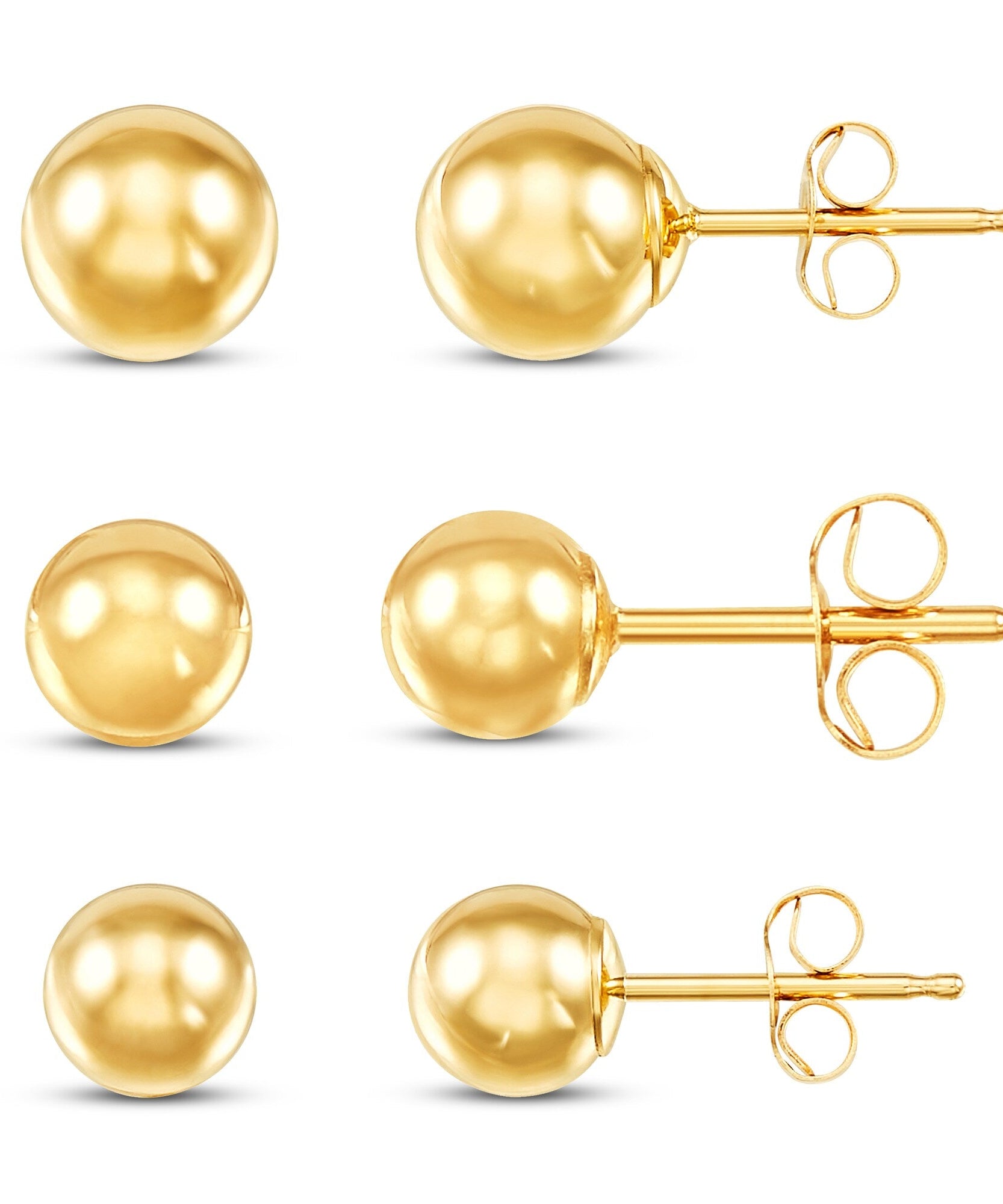 14K Yellow Gold Ball Stud Earrings Set – 3 Sizes (4mm, 5mm, 6mm) with Friction Backs