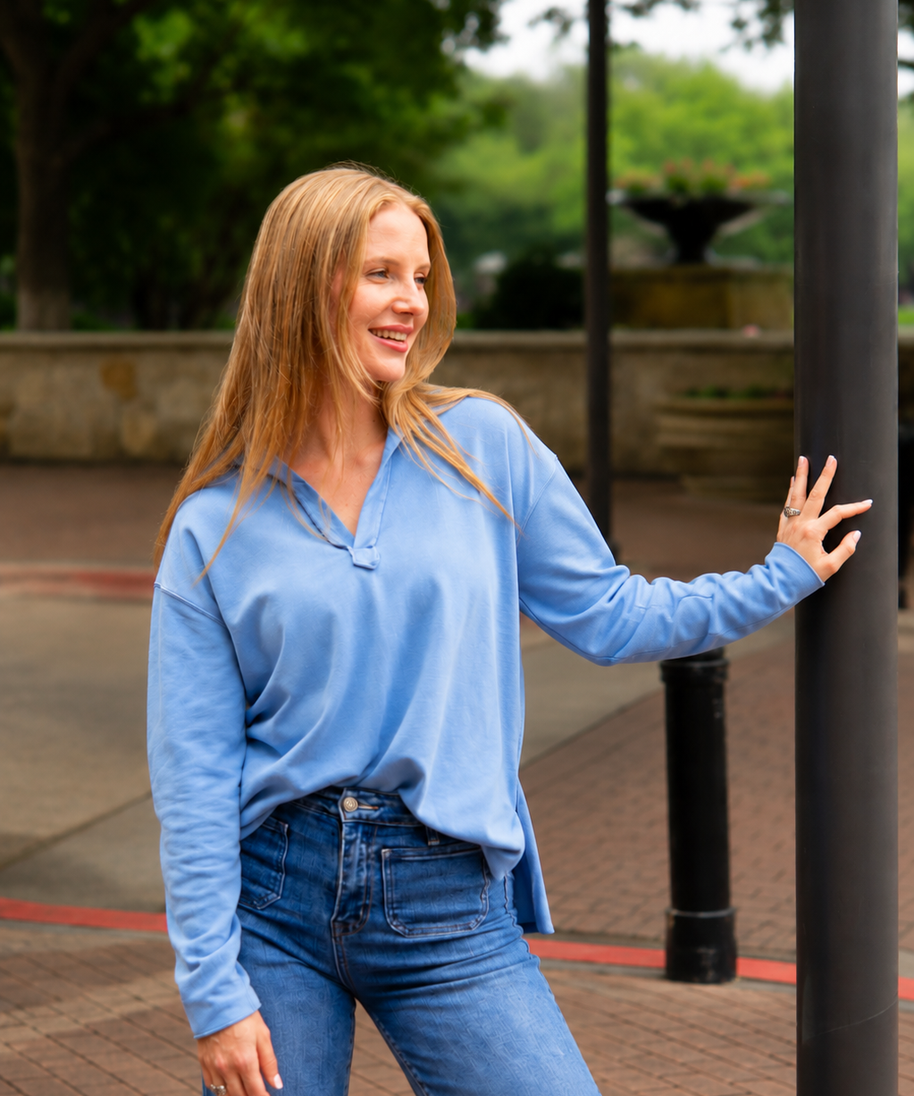 Women's Blue V-Neck Collared Pullover Top | Relaxed Fit | Long Sleeve | 87% Cotton