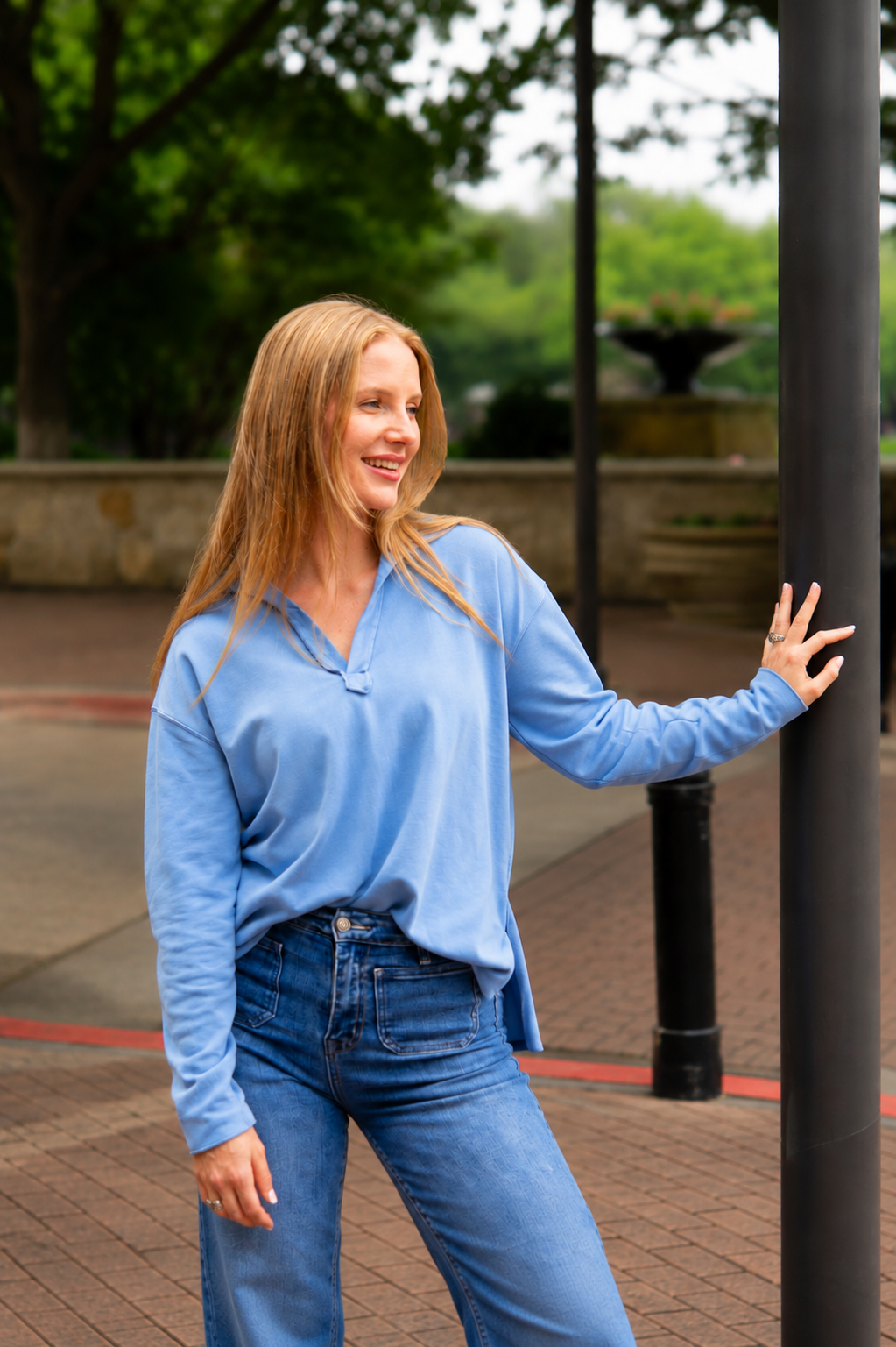 Women's Blue V-Neck Collared Pullover Top | Relaxed Fit | Long Sleeve | 87% Cotton