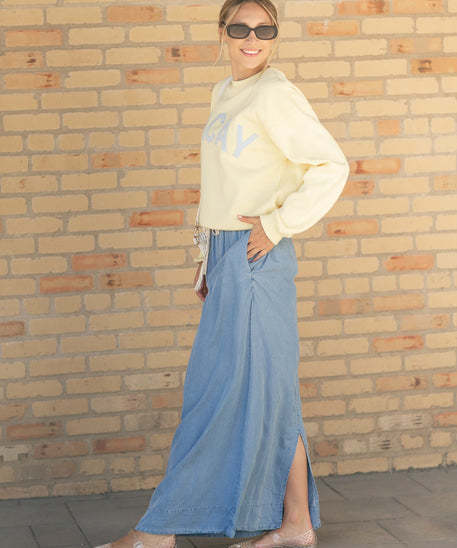 Cleo Medium Wash Chambray Maxi Skirt