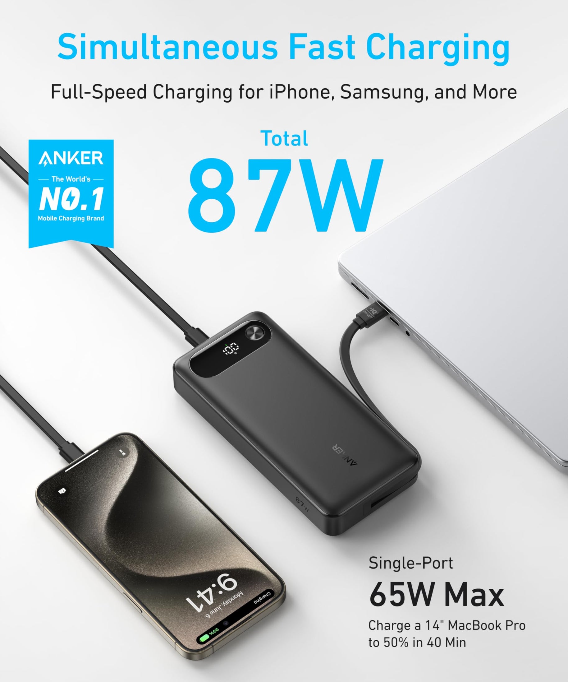 Anker Power Bank (20K, 87W, Built-In USB-C Cable)