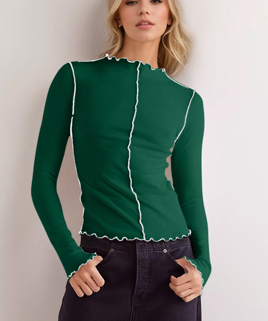 Basic Bae Contrast Trim Mock Neck Long Sleeve T-Shirt