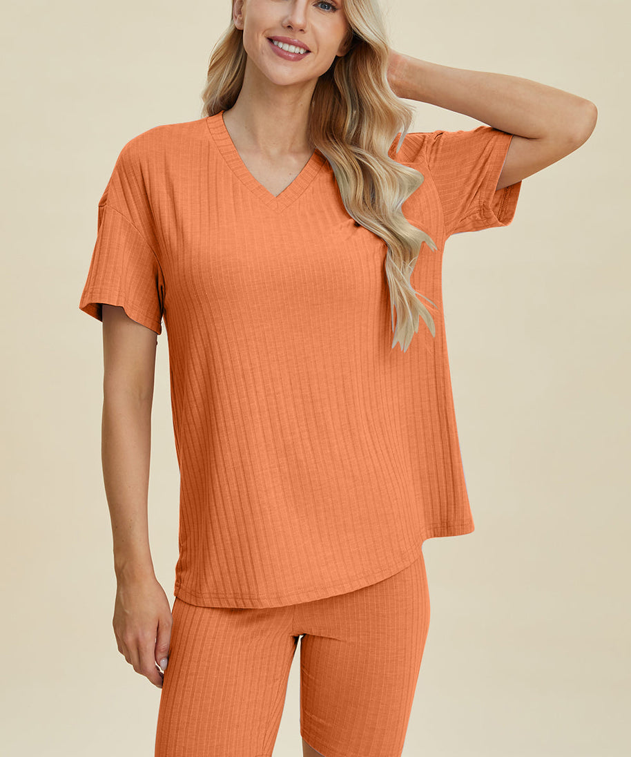 Basic Bae Full Size Ribbed V-Neck Short Sleeve Top and Shorts Set