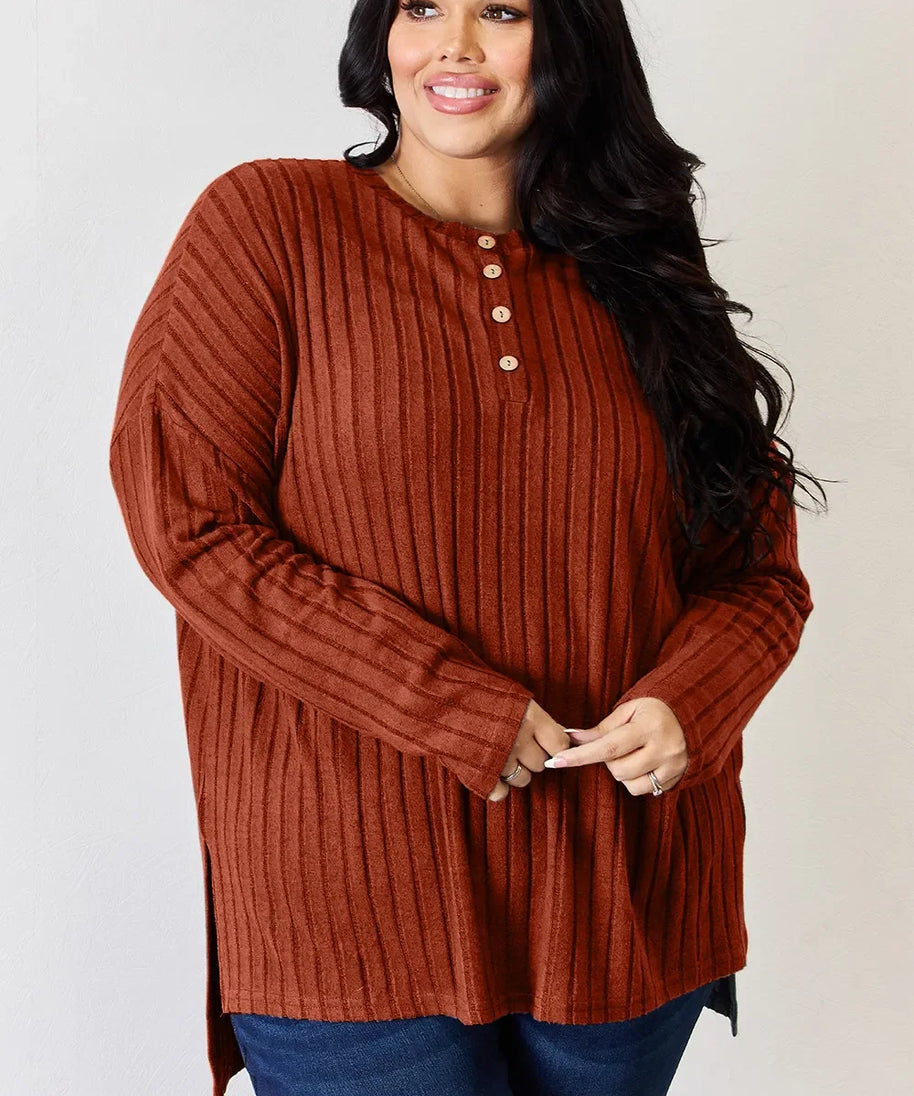 Basic Bae Full Size Ribbed Half Button Long Sleeve High-Low T-Shirt