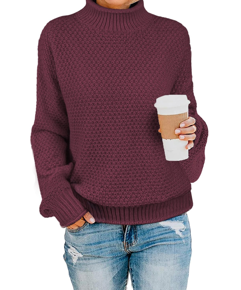 MixShe Womens Long Sleeve Tops Fall Fashion Turtleneck Sweaters Outfits Clothing for Women Sweatshirts Dressy Ladies Casual Shirts Trendy Tunics Clothes Knit Pullover Wine Red Large
