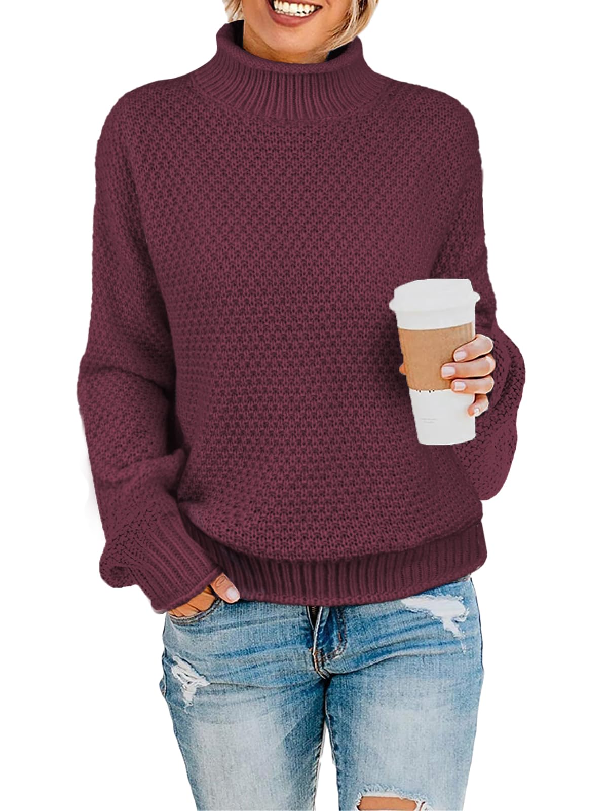 MixShe Womens Long Sleeve Tops Fall Fashion Turtleneck Sweaters Outfits Clothing for Women Sweatshirts Dressy Ladies Casual Shirts Trendy Tunics Clothes Knit Pullover Wine Red Large