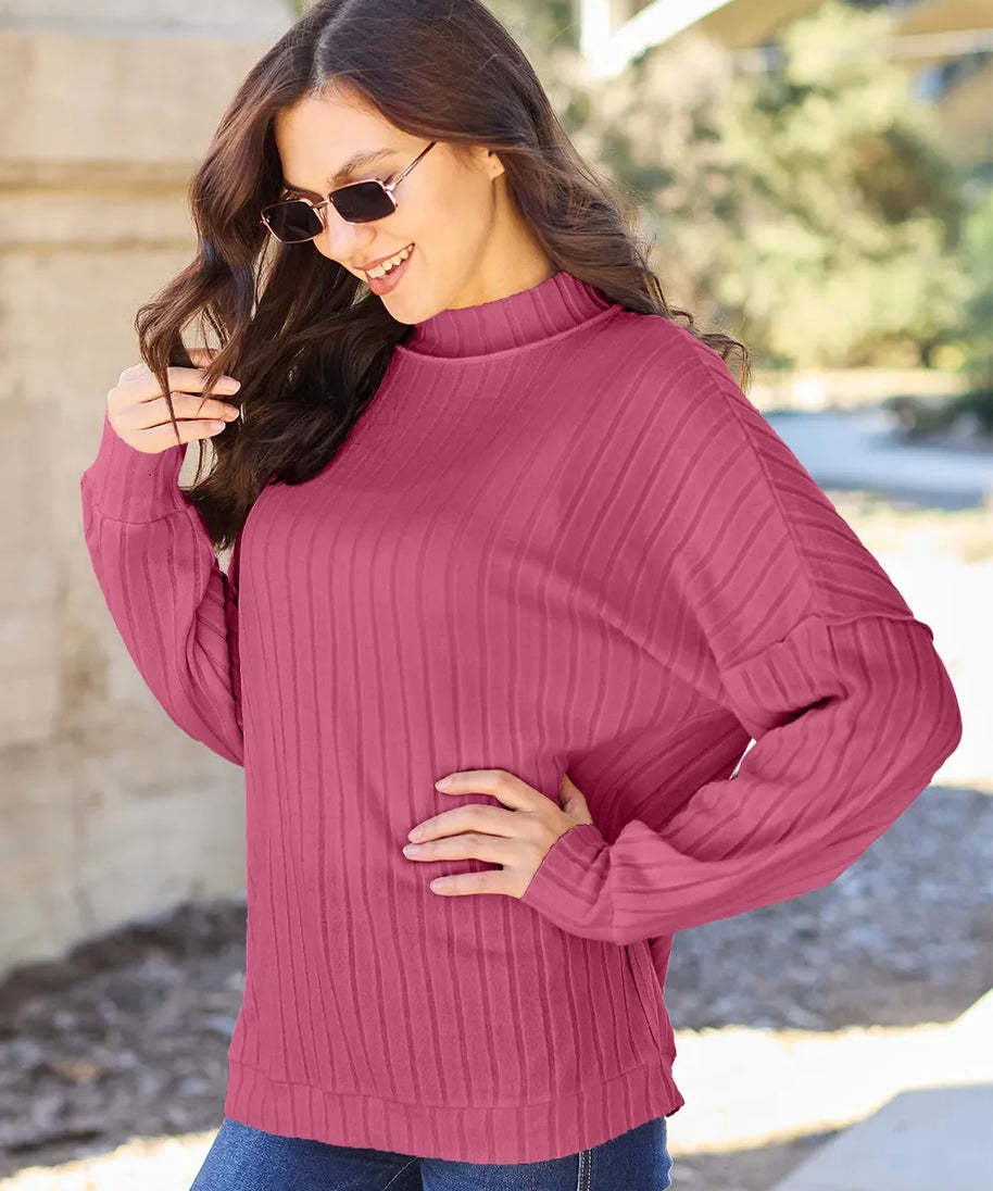 Basic Bae Full Size Ribbed Exposed Seam Mock Neck Knit Top