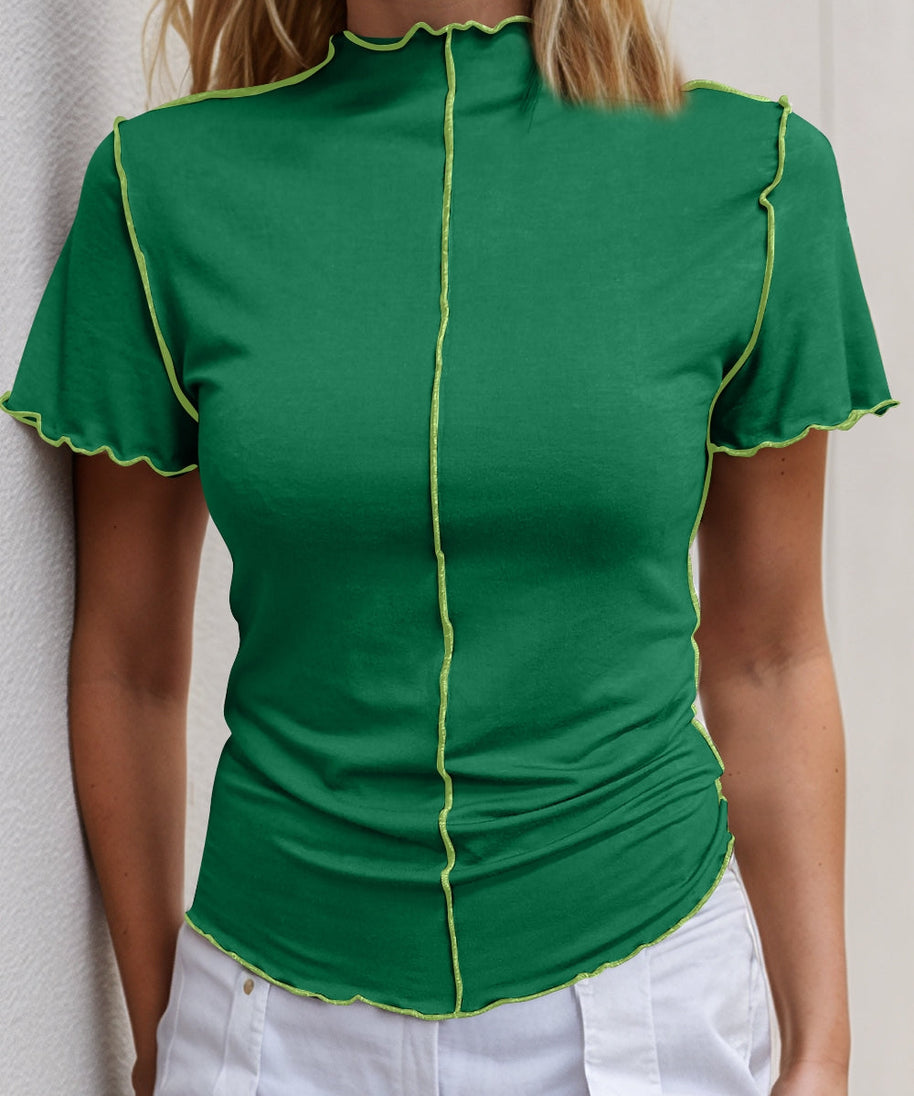 Basic Bae Contrast Trim Mock Neck Short Sleeve T-Shirt