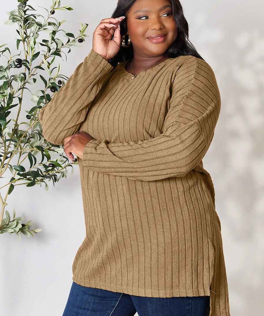 Basic Bae Full Size Ribbed Round Neck Long Sleeve Slit Top