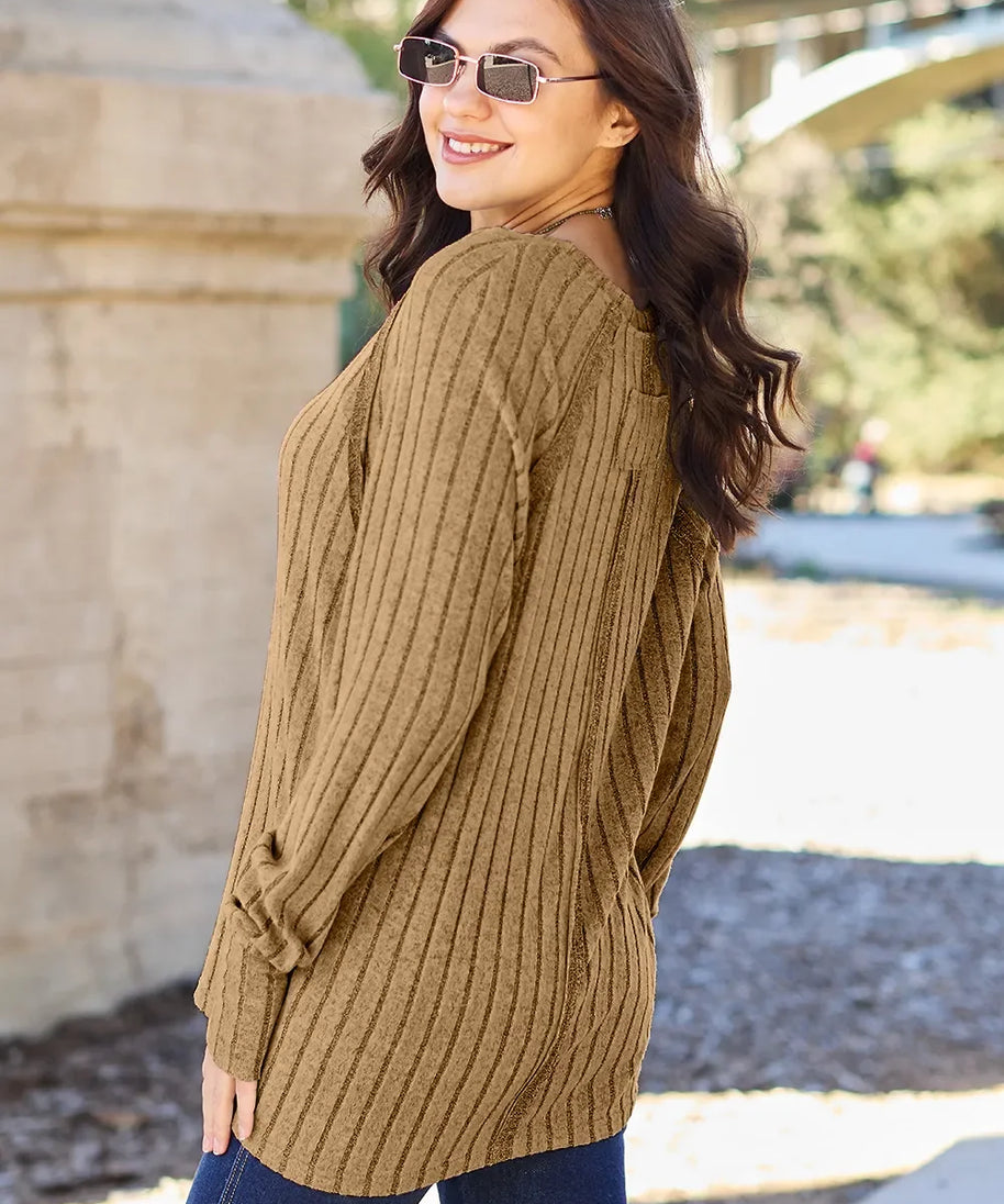 Basic Bae Full Size Ribbed Round Neck Long Sleeve Knit Top
