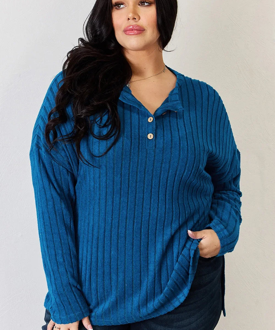 Basic Bae Full Size Ribbed Half Button Long Sleeve High-Low T-Shirt