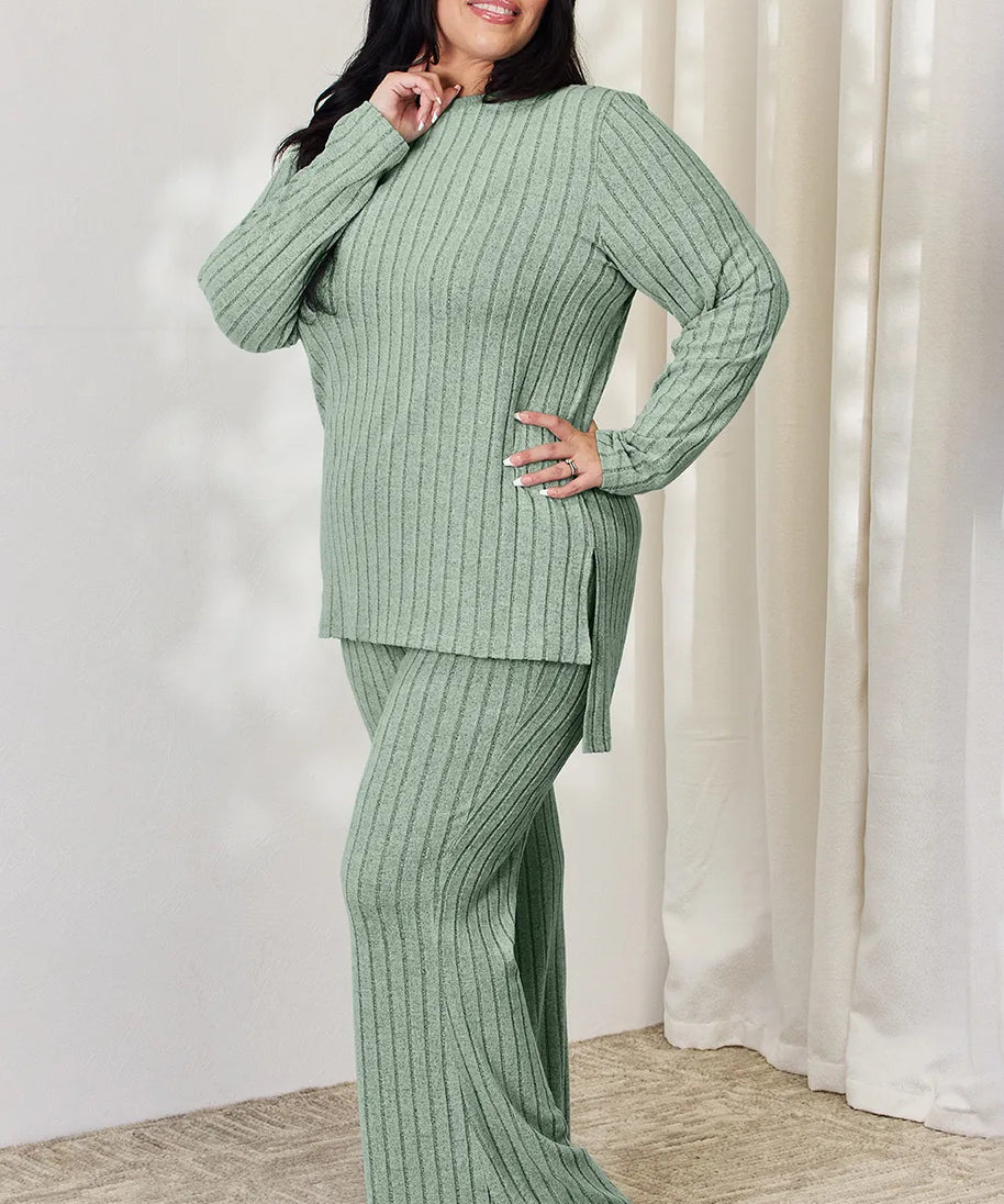 Basic Bae Full Size Ribbed High-Low Top and Wide Leg Pants Set