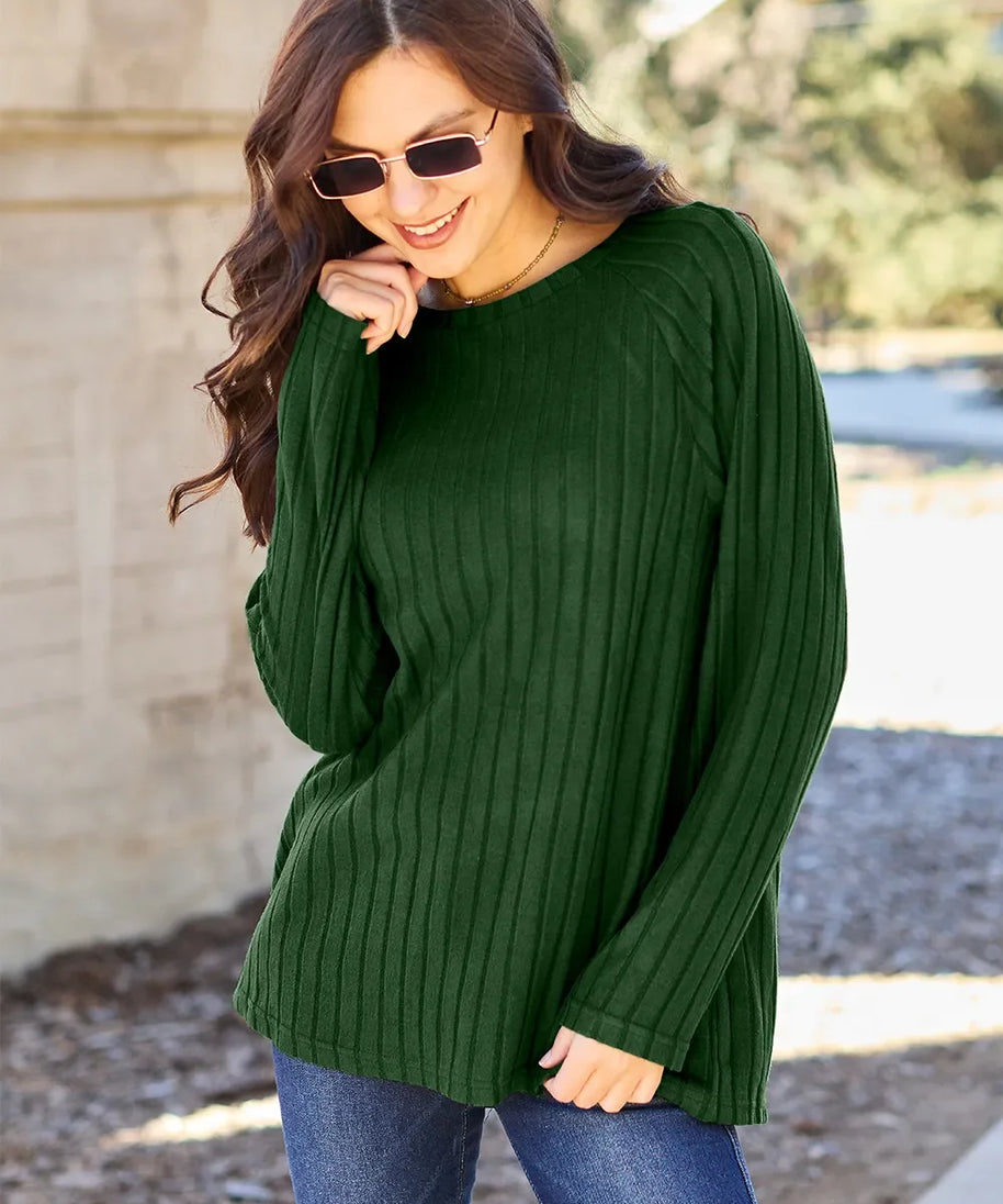 Basic Bae Full Size Ribbed Round Neck Long Sleeve Knit Top