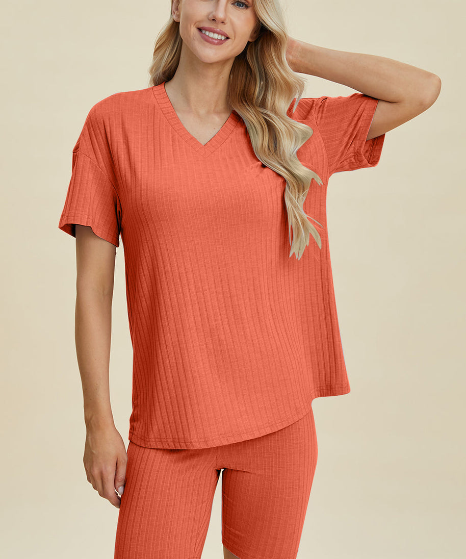 Basic Bae Full Size Ribbed V-Neck Short Sleeve Top and Shorts Set