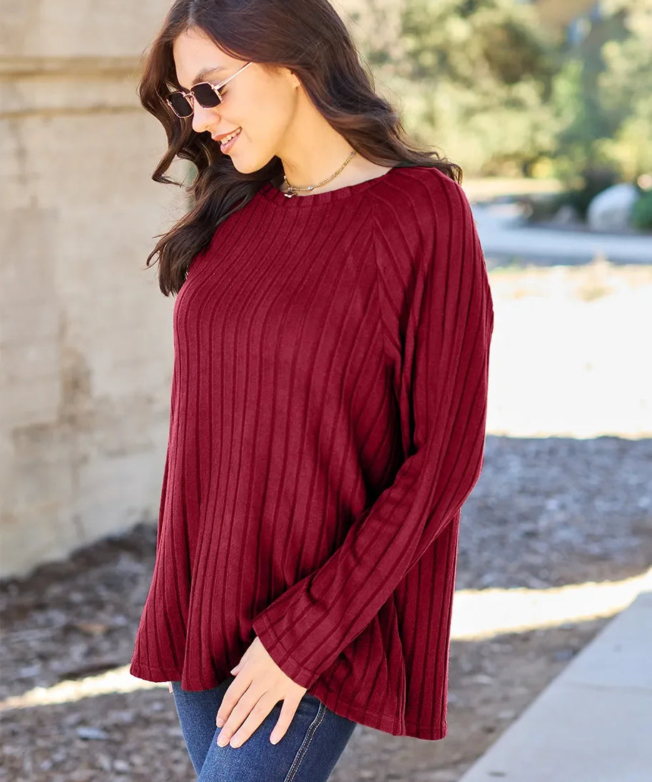 Basic Bae Full Size Ribbed Round Neck Long Sleeve Knit Top