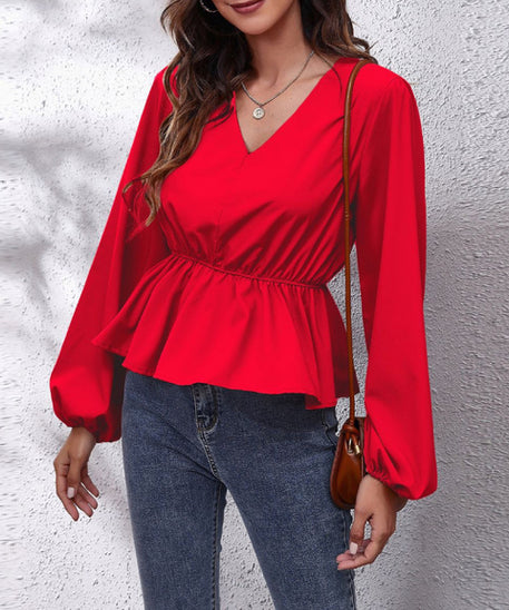 Elegant Women's Casual Shirt with Lantern Sleeves