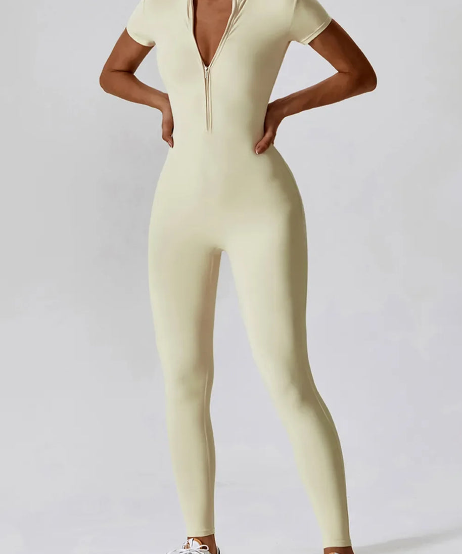 Basic Bae Half Zip Short Sleeve Active Jumpsuit