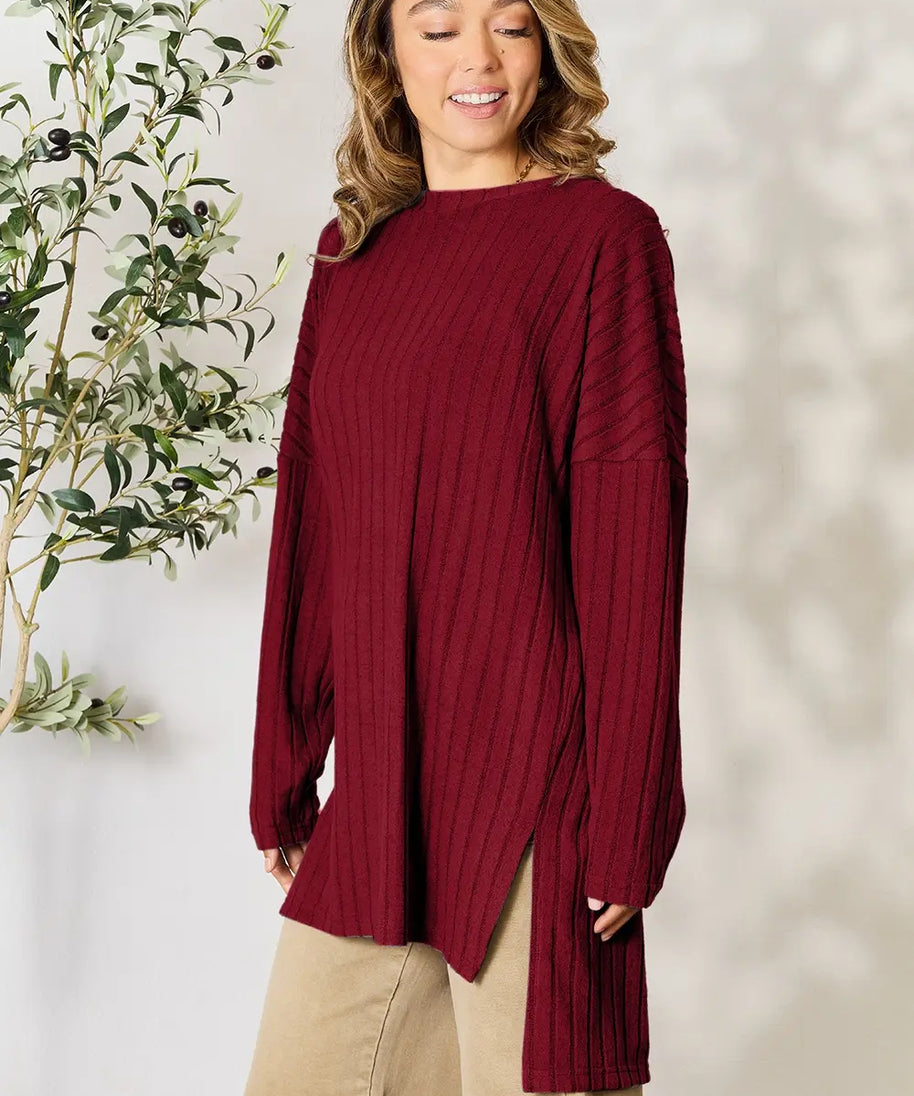 Basic Bae Full Size Ribbed Round Neck Long Sleeve Slit Top