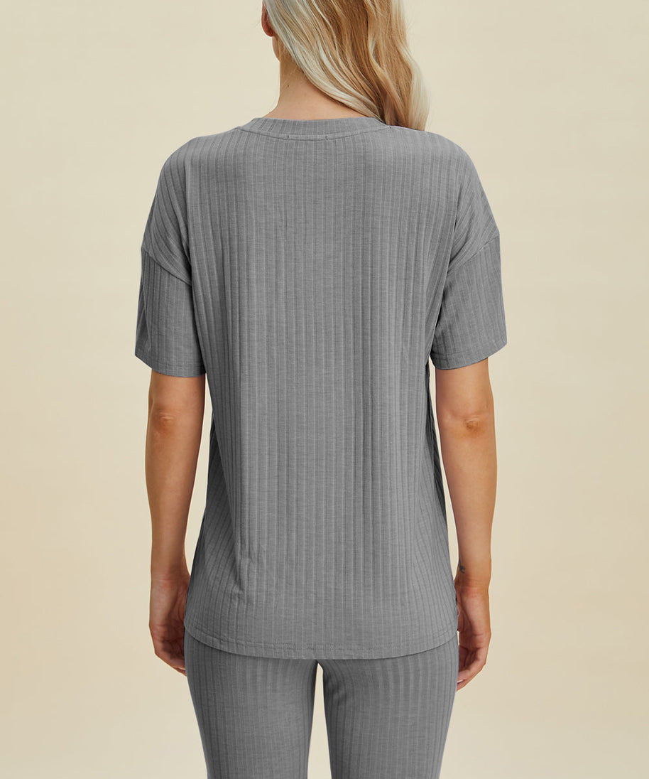Basic Bae Full Size Ribbed V-Neck Short Sleeve Top and Shorts Set