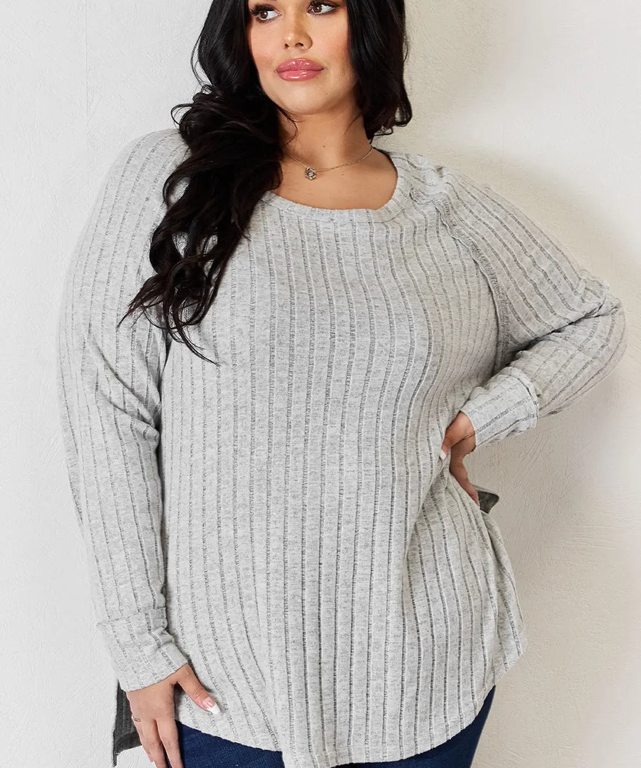 Basic Bae Full Size Ribbed Round Neck Slit T-Shirt