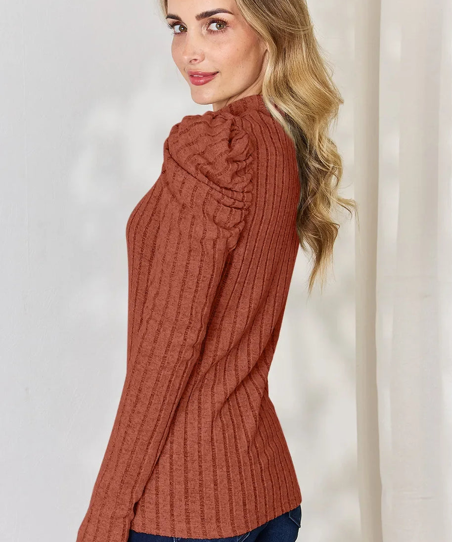 Basic Bae Full Size Ribbed Mock Neck Puff Sleeve T-Shirt