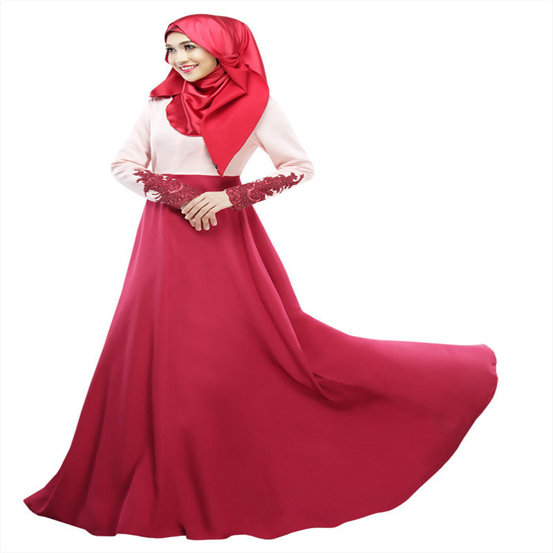 Stylish Color Block Muslim Long Dress with Lace Sleeves