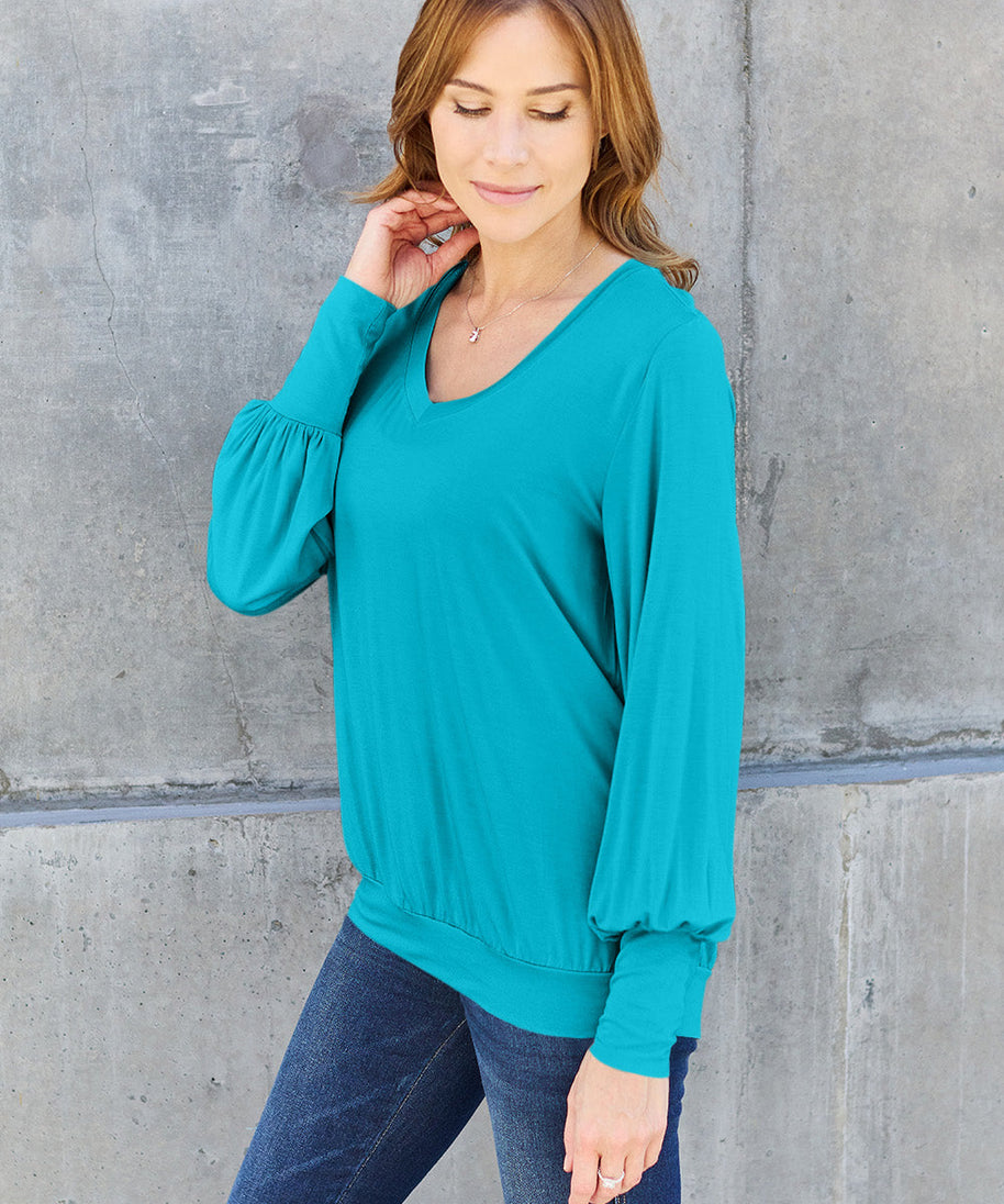 Basic Bae Full Size V-Neck Lantern Sleeve Top