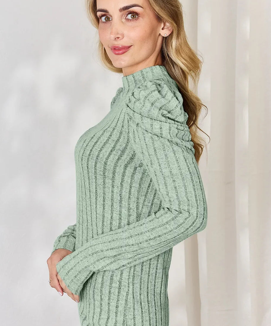 Basic Bae Full Size Ribbed Mock Neck Puff Sleeve T-Shirt