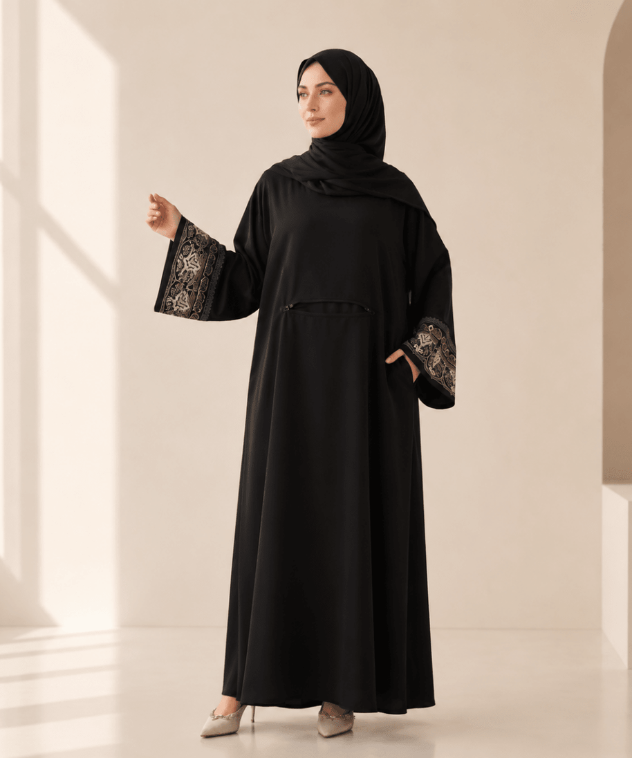 Archive Piece Embroidered Cuff Integrated Hijab Prayer Abaya - MP048 (Size Free Size Only)