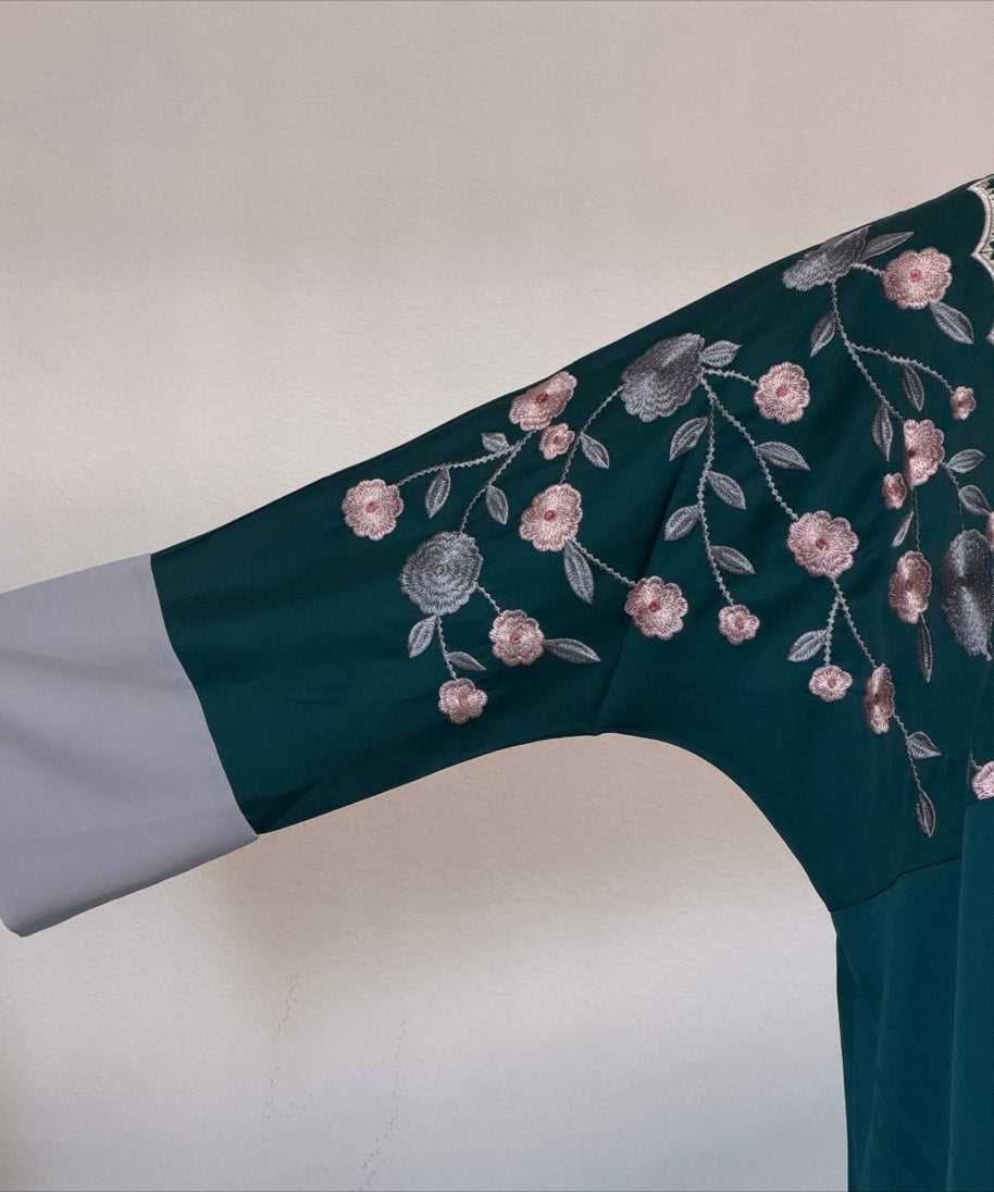 Archive Piece Floral Embroidered Colour-Block Open Abaya - MP054 (Size L Only)