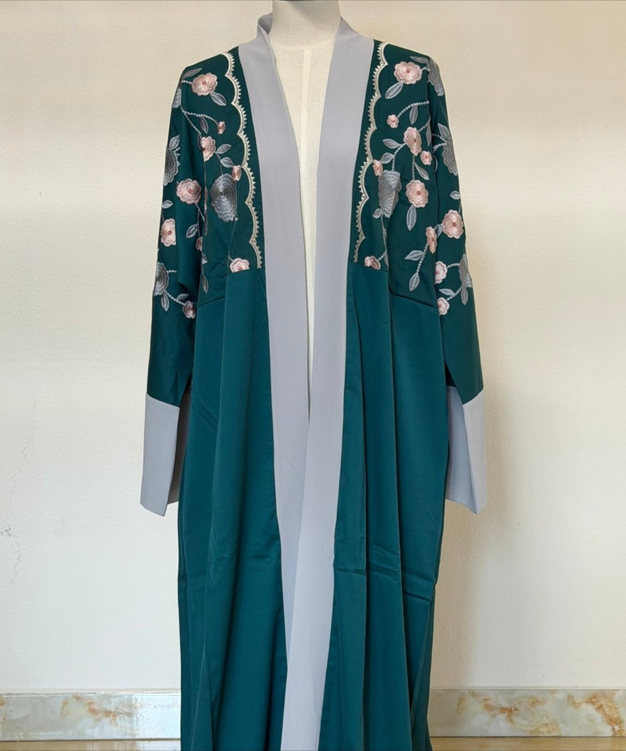 Archive Piece Floral Embroidered Colour-Block Open Abaya - MP054 (Size L Only)
