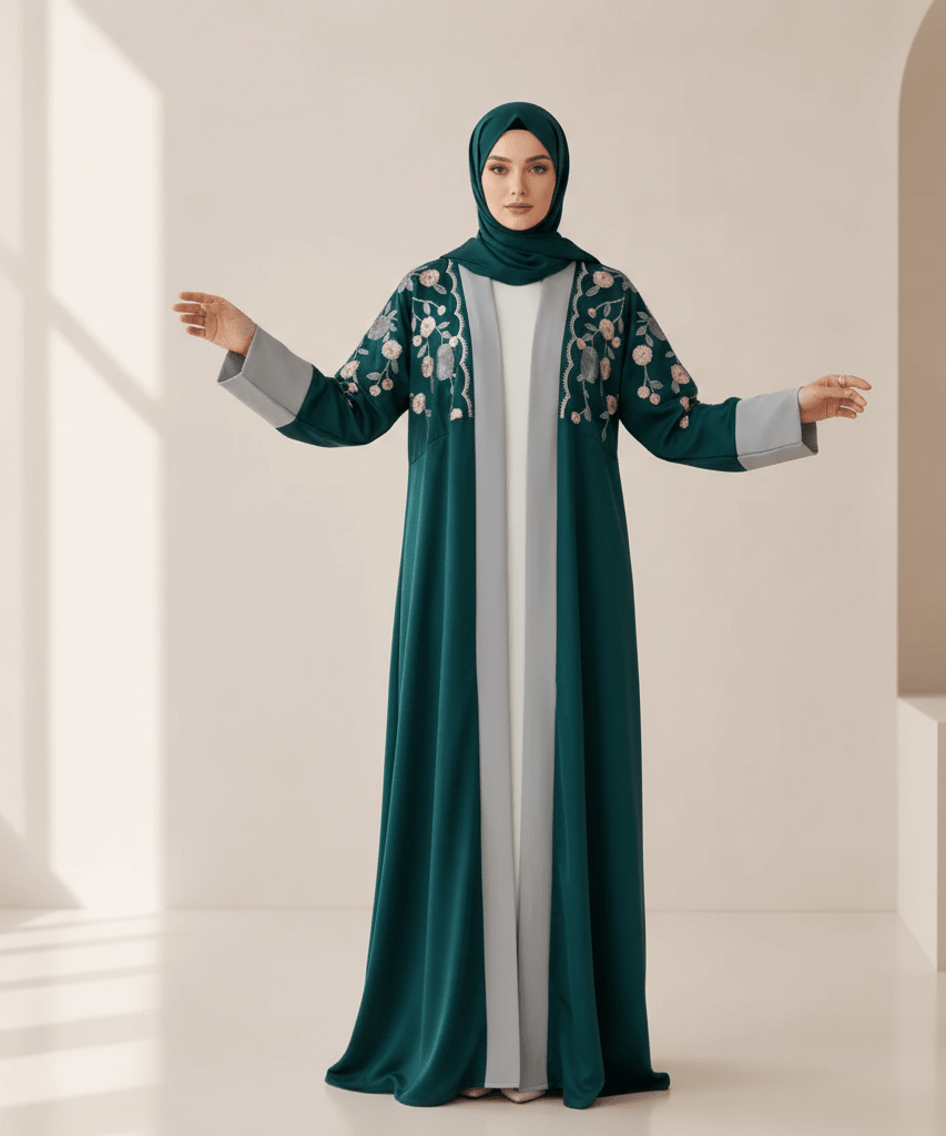 Archive Piece Floral Embroidered Colour-Block Open Abaya - MP054 (Size L Only)