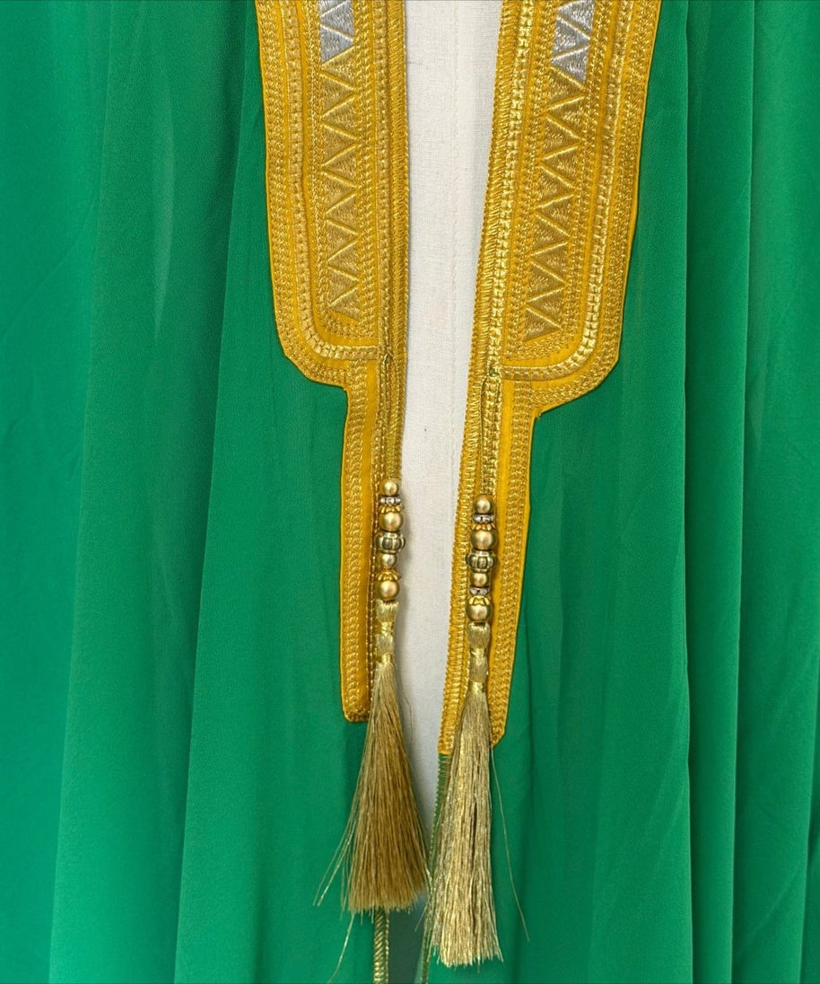 Archive Piece Gold Geometric Embroidered Tassel-Trim Open Kaftan - MP052 (Size XXL Only)