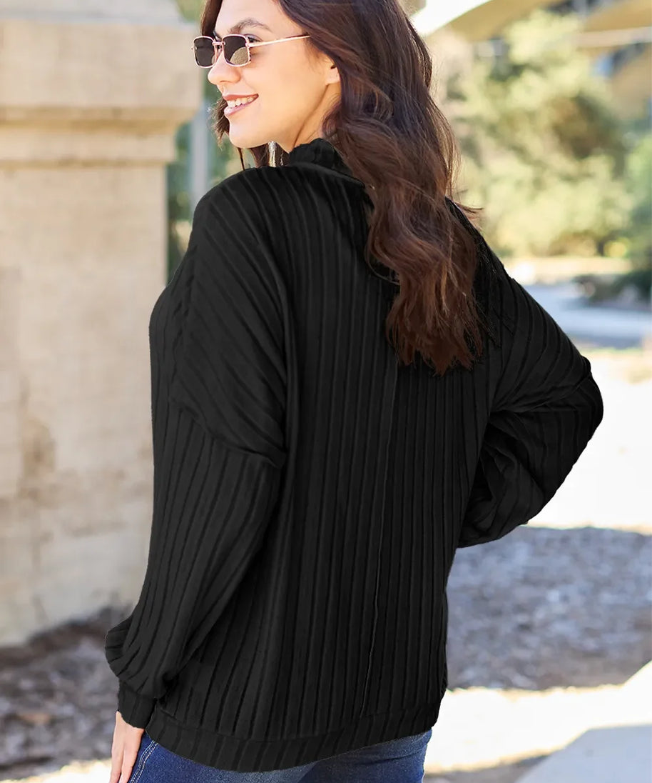 Basic Bae Full Size Ribbed Exposed Seam Mock Neck Knit Top