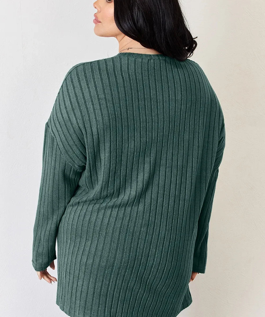 Basic Bae Full Size Ribbed Half Button Long Sleeve High-Low T-Shirt