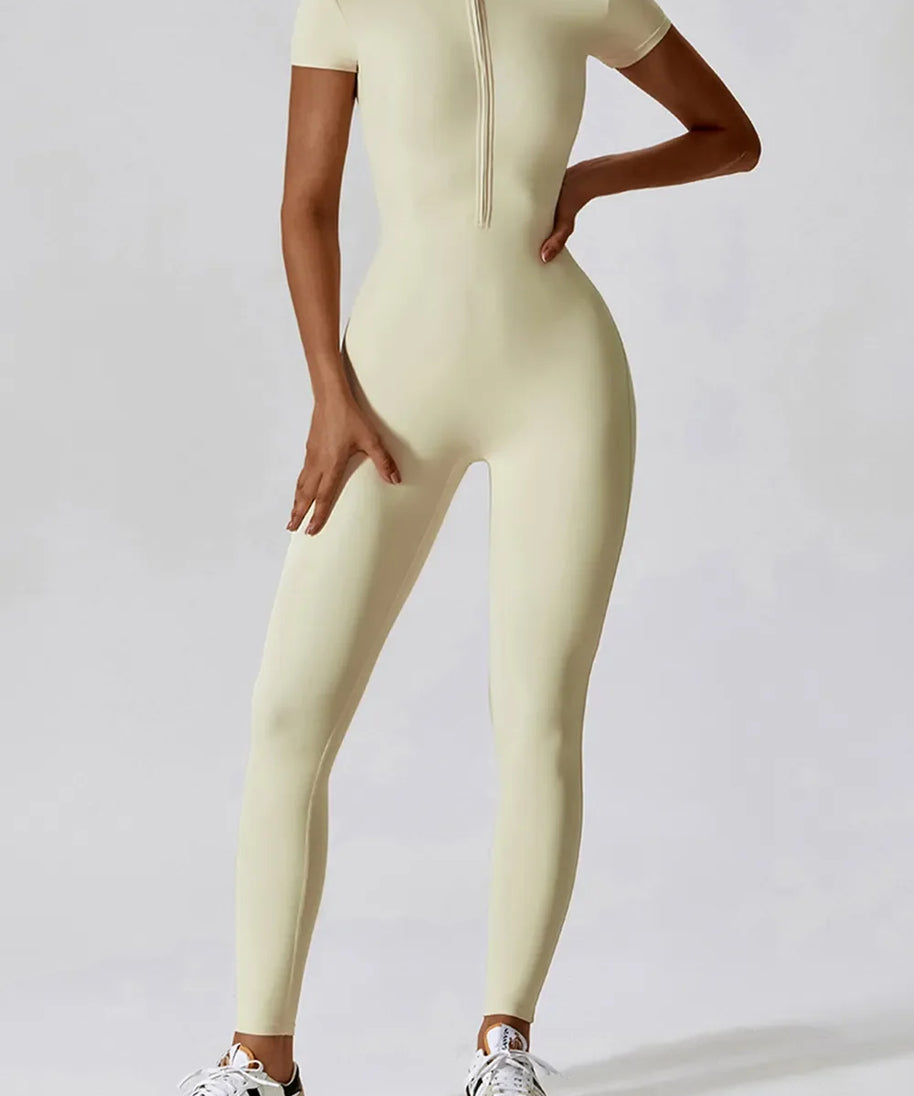 Basic Bae Half Zip Short Sleeve Active Jumpsuit