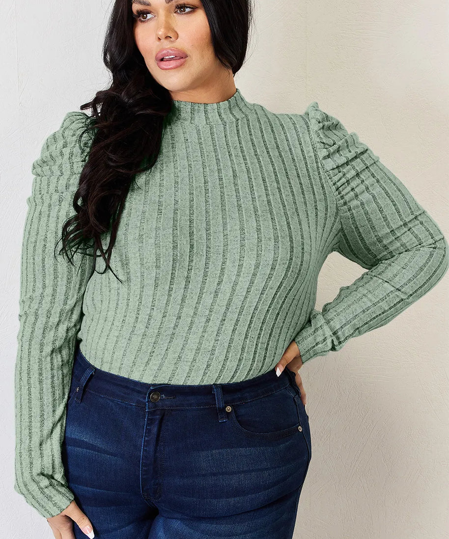 Basic Bae Full Size Ribbed Mock Neck Puff Sleeve T-Shirt