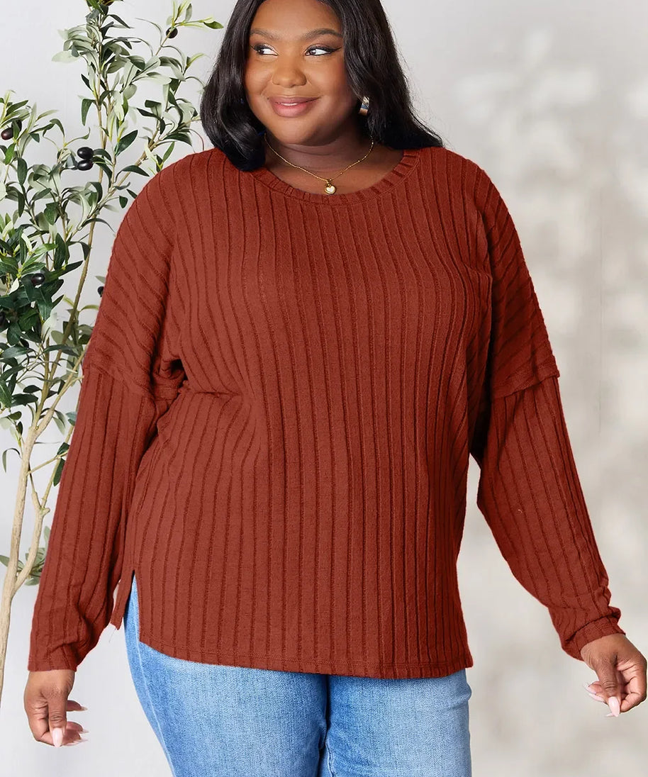 Basic Bae Full Size Ribbed Round Neck Slit Knit Top