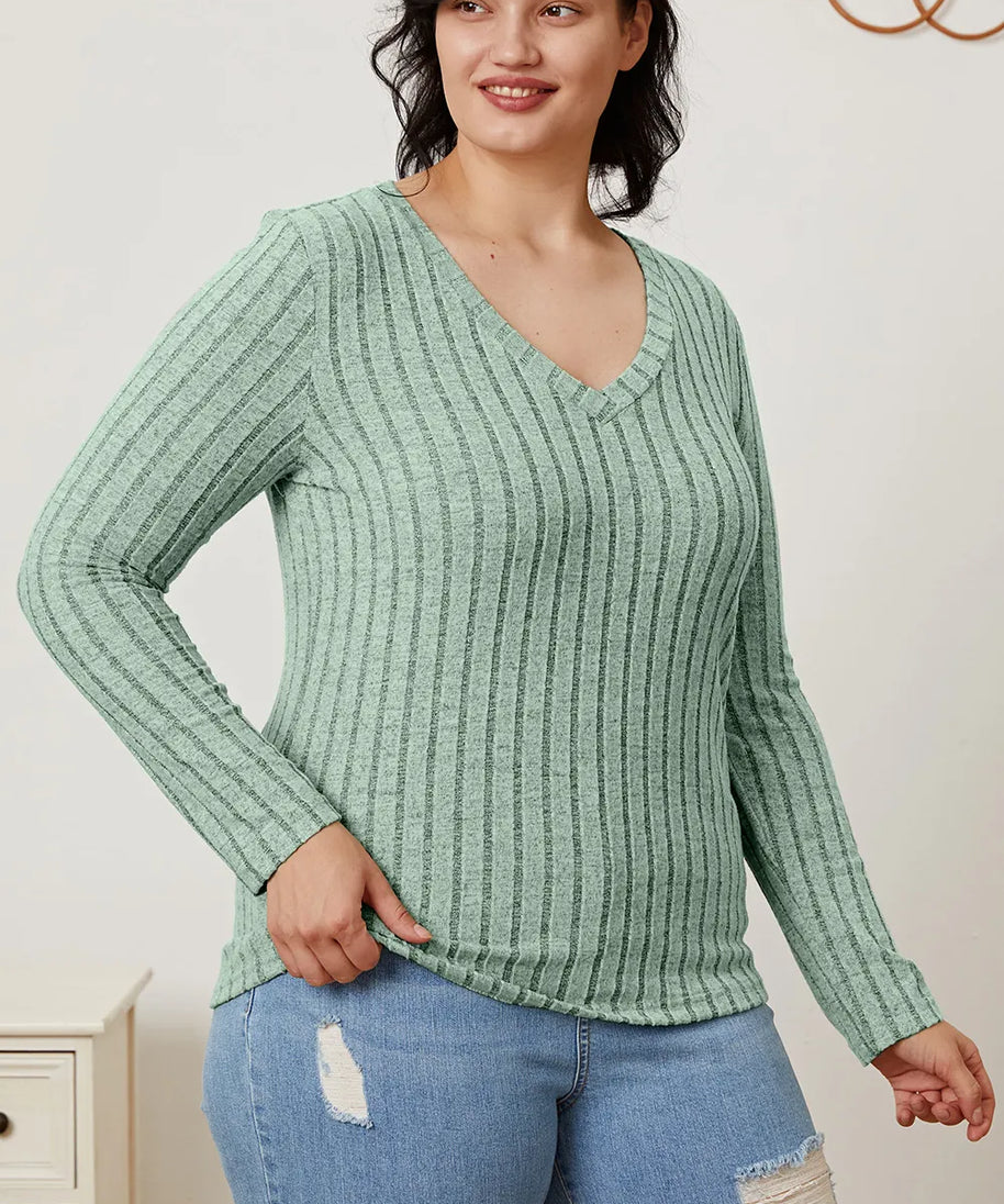 Basic Bae Full Size Ribbed V-Neck Long Sleeve T-Shirt