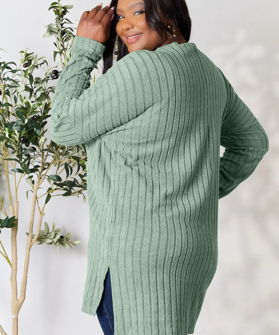 Basic Bae Full Size Ribbed Round Neck Long Sleeve Slit Top